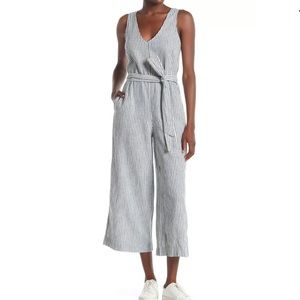 Max Studio Stripe Linen Blend Sleeveless Crop Wide Leg Jumpsuit Small Waist Tie